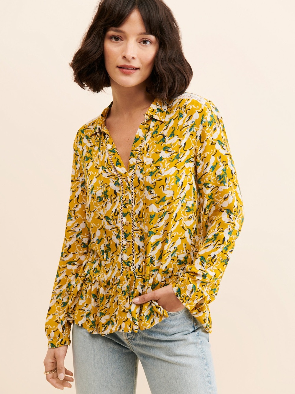 Maeve Anthropologie Rabbit Print Blouse Womens 2P Mustard Yellow Peplum Viscose